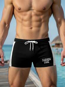 Manfinity Swimmode 男士撞色拼接字母印花泳裤 - 藏蓝色 - 查看 3