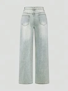 SHEIN 女士时尚休闲水洗阔腿牛仔裤，带口袋 - 淺色水洗藍 - 查看 2