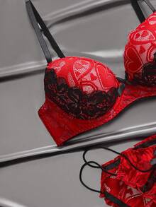 EmpressEnvy 粉色和黑色蕾丝内衣套装，镂空钩编工艺，性感细肩带设计，亲肤贴身 - 紅色 - 查看 3