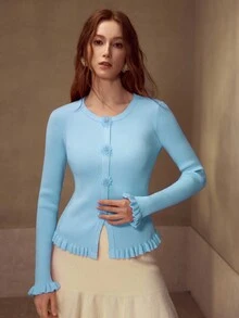 MOTF PREMIUM RUFFLED HEM FLORAL BUTTON LONG SLEEVE SWEATER