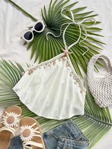 Soleia Áo kiểu nữ dáng rộng, cổ yếm, hở lưng, thắt nơ, phối hoa, bèo nhún, thích hợp cho đi biển, dự tiệc, lễ tốt nghiệp. - Màu be - Xem 6