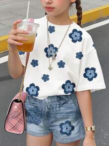 Vintage Floral Graphic Tween Girl Casual Crew Neck Short Sleeve T-Shirt And Shorts 2-Piece Set, Suitable For Spring/Summer Daily Wear, Home, School - Spring & Summer Outfits, Sets For Girls, Stylish Kids, Casual Wear, Kids Floral Graphic Clothes, Spring & Summer Fashion, Spring & Summer Clothes