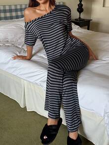 SHEIN Napfluff Women's Striped Knit Casual Off-Shoulder Pajama Set, Black & Grey - Dark Grey - View 6
