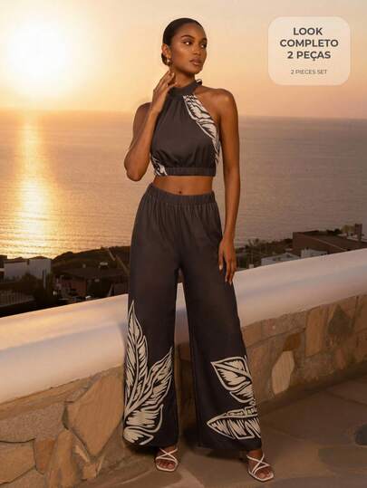 CAJUNI Women's Two Piece Set Dark Brown Ivory Summer Woven Loose Fit, Halter Neck Crop Top With Back Tie, High Waist Wide Leg Pants With Elastic Waistband, Large Tropical Leaf Print, Resort Co-Ord, Contemporary Vacation Style, Vacation Outfits Woman 2 Piece,, Boho Two Piece Set, Beach 2 Piece Set,Summer Outfit For Women,Spring Outfit Women,Valentine Outfits For Women,Beach Outfit,Casual Sets For Women,Summer Vacation Outfits,Summer Holiday Outfits,Spring Clothes,Valentine's Day,Carnival Costume ,