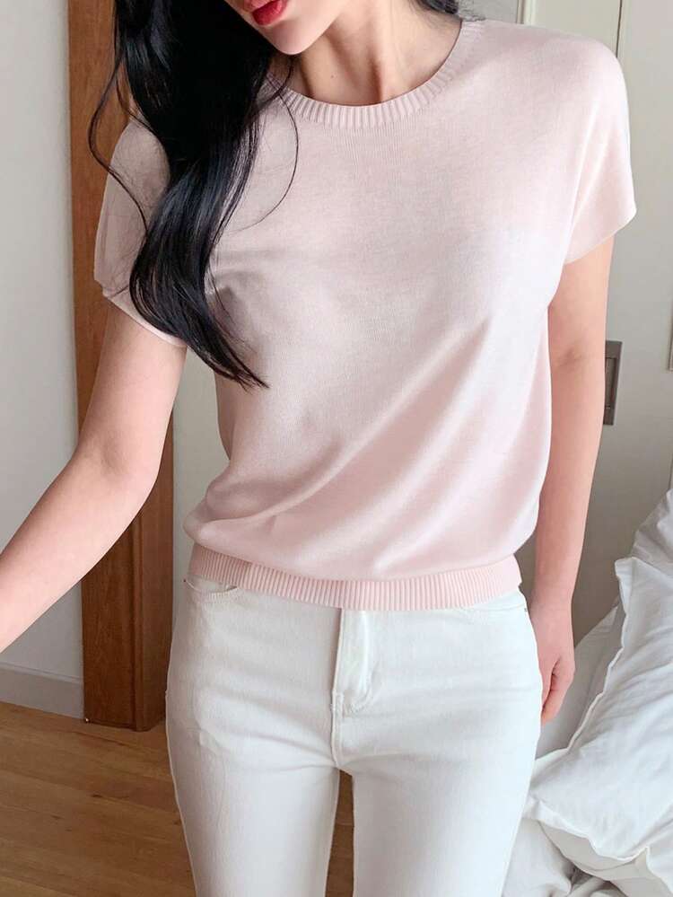 Women's Casual Everyday Commute Simple Solid Color Batwing Short Sleeve Sweater, Spring/Summer/Autumn