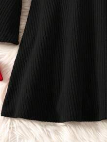 SHEIN 少女修身优雅露肩喇叭袖A字圣诞连衣裙 - 黑色 - 查看 4