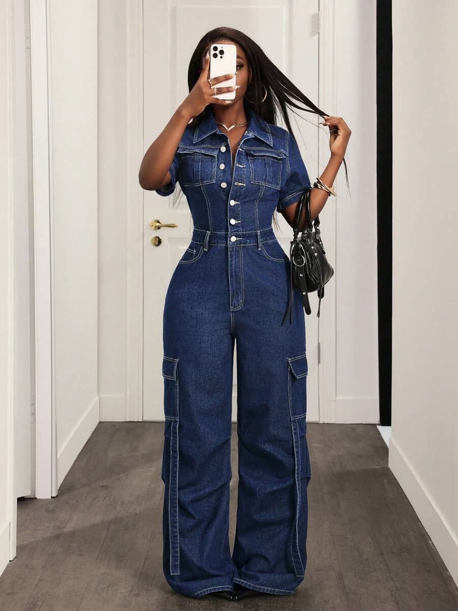 Slaydiva Bộ áo liền quần denim nữ tay ngắn, kiểu dáng thường ngày, màu xanh denim, áo liền quần denim kiểu cargo, áo liền quần denim tay ngắn cho nữ. - Màu xanh lam - Xem 1