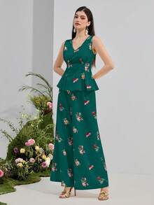Modelyn Ensemble casual femme avec Top à col V imprimé floral avec volants à l'ourlet et pantalon large - Vert sapin - Voir 1