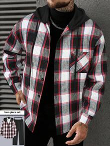Manfinity CasualCool 男士休闲格子连帽夹克和裤子套装，90年代男士街头风衬衫，男士复古风服装，男士法兰绒衬衫，男士复古风服装，适合日常休闲、旅行、工作、送给男友/老公的礼物、周年纪念/生日礼物、派对、暑假、新年、婚礼、情人节等场合，男士法兰绒衬衫，男士复古风服装，男士连帽衬衫 - 紅色 - 查看 6