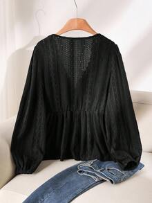 CosyJoli 女式加大码 V 领长袖收腰纹理棕色长袖 T 恤，休闲百搭日常穿着 - 黑色 - 查看 2