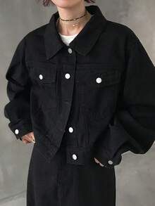 FRIFUL 女士长袖单排扣口袋牛仔外套和牛仔迷你裙休闲套装 - 藍色 - 查看 2