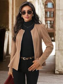 Editum 女士优雅绒面革保暖内衬法兰绒长袖夹克，冬季保暖防寒 - 卡其色 - 查看 5