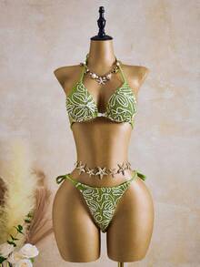 Bellisia 3pcs Green Base White Striped Floral Special Fabric Halter Backless Women Swimsuit Set, Spring/Summer - Green - View 4