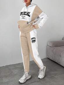 女士字母印花长袖连帽衫，带口袋和抽绳，休闲两件套 - 米色 - 查看 4
