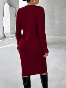 EURMUSE Women's Textured Round Neck Long Sleeve Fitted Knit Dress,Petite - Burgundy - View 2
