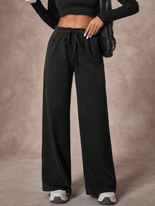 Women's Solid Elastic Waisted Drawstring Wide Leg Casual Sweatpants - Black - View 3