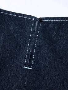 SHEIN MOD 女士时尚牛仔背心和半裙套装 女士夏季套装 春季穿搭 情人节穿搭 沙滩套装 生日穿搭 外出套装 夏季度假穿搭 经典女士牛仔蓝无袖上衣和A字长裙两件套 - 深色水洗藍 - 查看 5