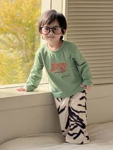 DAZY 2件套幼儿男童卡通老虎印花圆领长袖T恤和舒适家居服套装
