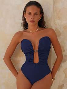 Swim Chiccia Bộ đồ bơi một mảnh họa tiết ngọc trai xếp nếp cổ chữ V sâu màu trơn dành cho nữ, Xuân/Hè - Màu xanh lam - Xem 3