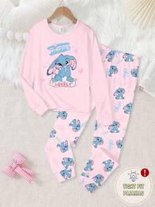 SHEIN 2 件套女童可爱蓝色图案印花粉色圆领长袖上衣和裤子针织面料舒适柔软高弹力紧身睡衣 - 彩色 - 查看 4