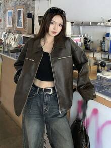 DAZY 女士PU皮革纯色休闲长袖百搭街头风外套 - 黑色 - 查看 7