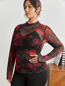 Maija Plus Size Women Rose Floral Sheer Blouse, Long Sleeve Fitted Top Spring To Summer Spring Outfit Womenvalentine's Day Carnival Fasching Women Costume Party Beach Wedding Vacation Casual - Red - View 4
