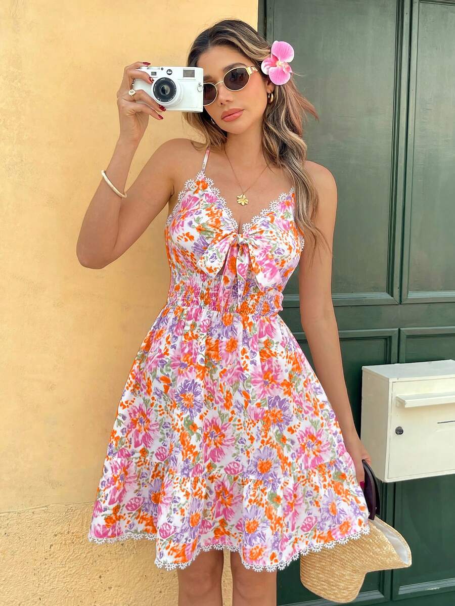 SHEIN VCAY 女士夏季度假印花撞色蕾丝吊带裙 - 淡紫色 - 查看 1