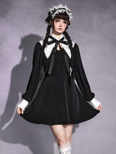 Goth Vestido con cuello de lazo negro y blanco estilo gótico lolita para mujeres