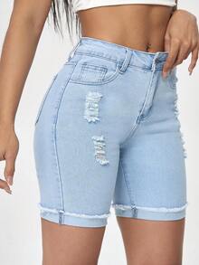 Flexra Quần short denim co giãn dáng rộng dành cho nữ cỡ lớn, thích hợp cho mùa hè. - Rửa nhẹ - Xem 3