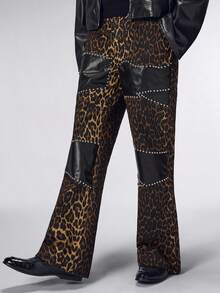 ROMWE MEN Street Life Men's Casual Fashion Street Leopard Print Patchwork Rivet Decor Flared Jeans - Brown - View 6
