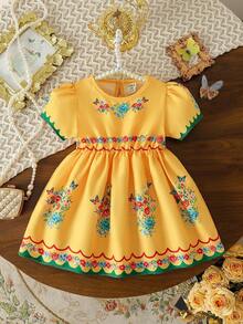SHEIN Baby Girls' Floral Print Short Sleeve Yellow Dress, Featuring Rose Flower Pattern, Ruffle Sleeve Cuffs And Hem, Suitable For Holidays, Vacation And Daily Wear - Yellow - View 5
