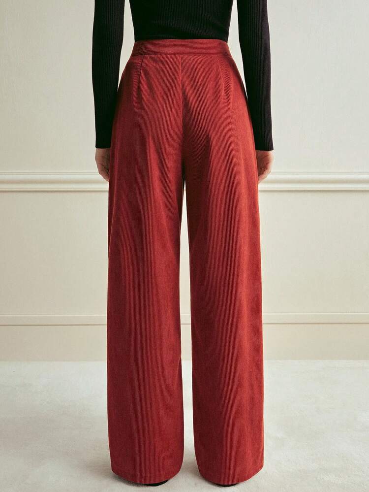 Écloséra Pantalones rectos de pana con bolsillos de talle medio para mujer - Marrón - Ver 6