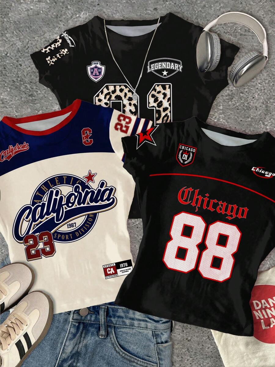 SHEIN 3pcs/Set Teen Girls' Casual Minimalist Tight Fit Round Neck Short Sleeve Regular T-Shirts, Colorblock English & Numeric Graphic Print, Black & Navy, Streetwear, Athletic Style, Outfits , Easy Comfort, Autumn Layers, Stylish Teen Girls, Casual Wear, Sports Numeric Graphic Tee, Back To School, Jersey Number , Blockcore Tee