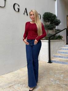 Cioccolato Pull slim avec col rond nervuré, avec décoration de boutons, style élégant et décontracté pour l'école. Convient pour les femmes.