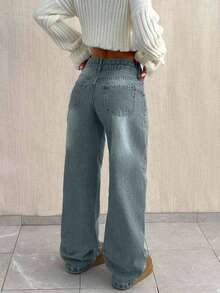 EURMUSE PETITE CASUAL LOW WAIST BAGGY LOOSE STRAIGHT LEG JEAN - Light Wash - View 2
