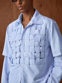 AKNOTIC 男士休闲衬衫，适合日常、商务、校园、约会、拍照、派对等场合，袖子可拆卸，纯色时尚长袖夹克领衬衫，男士条纹衬衫，男士夏季度假衬衫，衬衫，男士夏季度假衬衫，瓜亚贝拉衬衫，浅蓝色印花衬衫 - 杏色 - 查看 3