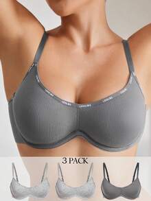 Ocili 3 piezas Sujetador inalámbrico de algodón acanalado simple para mujer con Bottom delgada - Multicolor - Ver 6