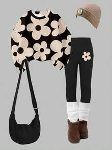 SHEIN 舒适秋冬风格，女孩休闲时尚创意花卉印花运动衫和紧身裤两件套服装