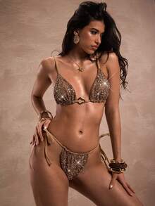 SHEIN BAE 2pcs Women's Sequin Mesh Sexy Swimsuit,Summer,Spring Break Outfits ,Valentine's Day,Beach ,Beach Outfits For Women ,Beach Outfit ,Birthday,Going Out,Sparkling Bikini Set,2026 Summer New Women's Bikini,2026 Summer New Beachwear, Beach Party - Coffee Brown - View 8