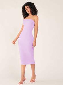 SHEIN BASICS Đầm dự tiệc tối dáng ôm bó sát không dây dành cho nữ - Màu tím - Xem 5