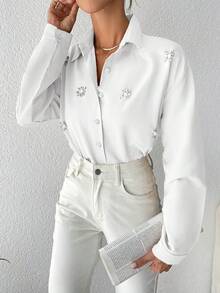 EURMUSE 棉质女士水钻装饰落肩衬衫 - 白色 - 查看 4