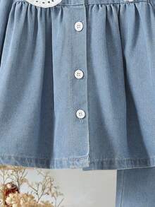 SHEIN 2pcs/Set Baby GirlCasual Countryside Style Peter Pan Collar Denim Outfit, Autumn/Winter - Light Wash - View 6