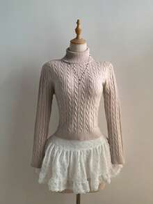 Flirla Sweater Rajut Kasual Kerah Tinggi dengan Tali Serut untuk Wanita/Anak Perempuan - Aprikot - View 3