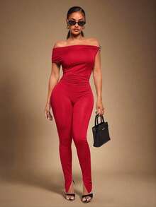 Radiana 女士性感休闲简约时尚红色不对称露肩紧身连体裤，休闲连体裤，休闲服饰，高弹针织面料 - 紅色 - 查看 4