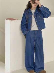 2pcs Tween GirlsNavy Blue Denim Lapel Long Sleeve Loose Pants Set - Medium Wash - View 8