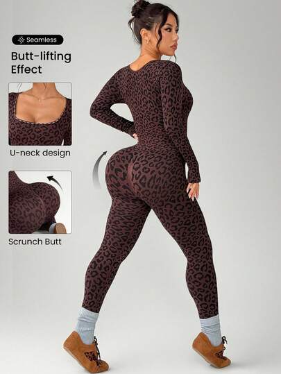 Rhythm Era Plus Size Women Leopard Print Bodysuit, Casual Fitness Workout Long Sleeve Jumpsuit U-Neck Design Jumpsuit Leopard Print Workout Jumpsuit Workout Jumpsuits For Women