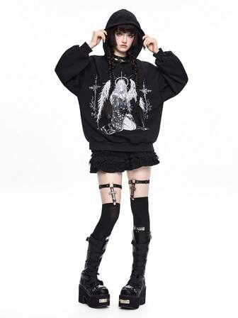 Grunge Punk sweat-shirt à capuche zippé style punk sombre et surdimensionné avec imprimé d'une fille ange aux épines pour femmes