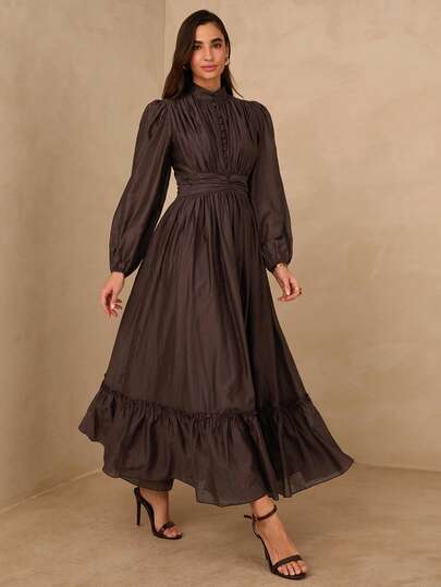 Enchnt Spring/Summer Romantic Women's Brown Stand Collar Lantern Sleeve Ruched Flounce Hem Fashionable Long Dress,Chic&Elegant For Date&Going Out&Daily Commute&Afternoon Tea&Holiday, Spring Outfit Women, Brown Dress, Elegant Dresses For Women
