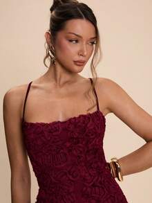 SHEIN BAE 春夏女士度假露背系带A字优雅性感3D立体花卉长裙，浪漫约会、派对、正式场合、伴娘礼服、晚礼服 - 紅色 - 查看 5