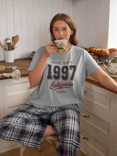 Doze Lane Letter & Plaid Print Casual Plus Size Short Sleeve Pajama Set